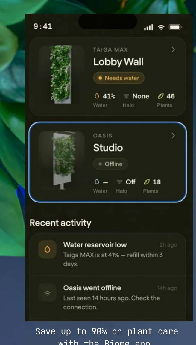 Biome app showing living wall status and water information